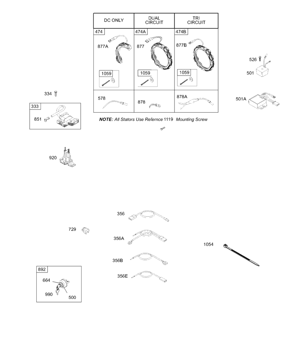 Alternator, Wires, Regulator Diagram and Parts List for 28B706-1030-XX  Briggs and Stratton Engine